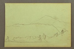 Piirros, Järvi, mäki, mahdollisesti 1856 tekijältä Frederic Edwin Church