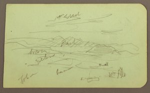 Piirros, Maisema, Toluca; Kääntöpuoli: Vuori, kirkko, 1883. tekijältä Frederic Edwin Church