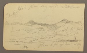 Piirros, maisema, taloja; Kääntöpuoli: puun latva, helmikuu 1885. tekijältä Frederic Edwin Church