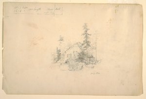 Piirros, puiden ympäröimä hirsimökki, heinäkuu 1844 tekijältä Frederic Edwin Church