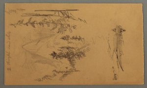 Piirros, Mies veneessä, Rocky Peak over Pines, mahdollisesti 1868. tekijältä Frederic Edwin Church