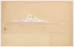 Piirros, Chimborazo-vuori vanhempi Pablo Bustamanten talosta, Riobamba, Ecuador, 14. heinäkuuta 1857. tekijältä Frederic Edwin Church