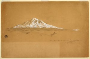 Piirros, Chimborazo-vuori vanhempi Pablo Bustamanten talosta, Riobamba, Ecuador, 14. heinäkuuta 1857. tekijältä Frederic Edwin Church
