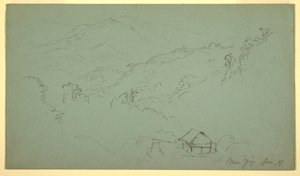 Piirros, vuoristomaisema, talo, "Jorjen lähellä", Ecuador, kesäkuu 1857. tekijältä Frederic Edwin Church