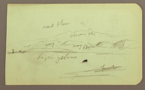 Piirros, vuoristomaisema; Kääntöpuoli: Istuva hahmo, vuori, 1883. tekijältä Frederic Edwin Church