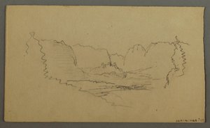 Piirros, Vuorenhuiput, tienvarsipyhäkkö, elokuu 1868. tekijältä Frederic Edwin Church