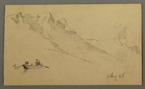 Piirros, Vuorenhuiput, kaksi hahmoa soutuveneessä, elokuu 1868. tekijältä Frederic Edwin Church