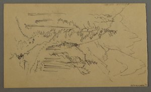 Piirros, Vuorenhuiput, kaksi hahmoa soutuveneessä, elokuu 1868. tekijältä Frederic Edwin Church