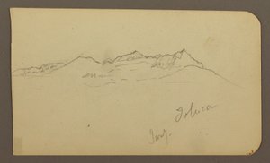 Piirros, Vuoristo, Toluca; Kääntöpuoli: Jyrkkä, Vuoristo, Toluca, 7. tammikuuta 1885. tekijältä Frederic Edwin Church