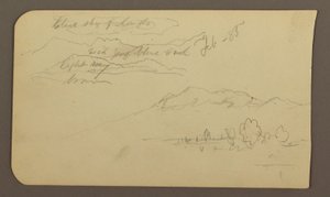 Piirros, Vuoristoalueet, Cuautla, kirkko; Kääntöpuoli: Kyyhöttävä hevonen, maisemamerkintöjä, helmikuu 1885. tekijältä Frederic Edwin Church