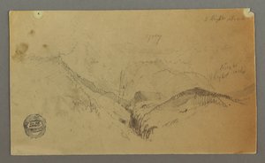 Piirros, Vuoristoselvitys, mahdollisesti 1868 tekijältä Frederic Edwin Church