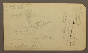 Piirros, Vuori, Zapotlan; Kääntöpuoli: Metsäinen rinne, Cuitzeojärvi, tammikuu 1885. tekijältä Frederic Edwin Church
