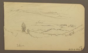 Piirros, Vuoristomaisema, Toluca; Kääntöpuoli: Vuori, Toluca, 20. huhtikuuta 1885. tekijältä Frederic Edwin Church