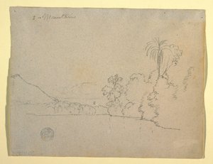 Piirros, Vuoristoinen lahden ranta, Etelä-Amerikka, 1853 tekijältä Frederic Edwin Church