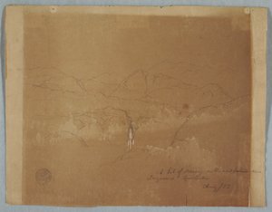 Piirros, Vuoristomaisema vesiputouksen kanssa, lähellä Tuquerresia, Kolumbia, elokuu 1853. tekijältä Frederic Edwin Church