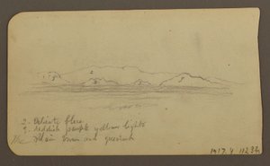 Piirros, Vuoret; Kääntöpuoli: Foothills amp; Vuoristo, 21. joulukuuta 1885. tekijältä Frederic Edwin Church