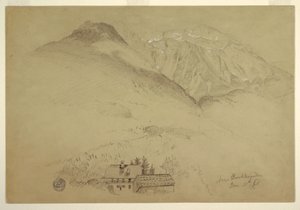 Piirros, Goellin ja Brettin vuoret lähellä Berchtesgardenia, Baijeri, 28. kesäkuuta 1868. tekijältä Frederic Edwin Church