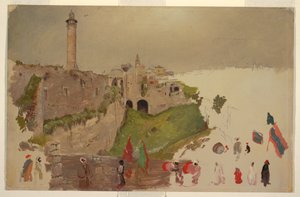 Piirros, Paraati saapuu kaupunkiin, Jaffa, maaliskuun alussa 1868. tekijältä Frederic Edwin Church