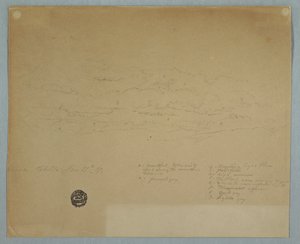 Piirros, Sade putoaa pilviseltä taivaalta vuoristoharjanteiden yllä, Hacienda Chillo, Ecuador, 27. heinäkuuta 1857. tekijältä Frederic Edwin Church