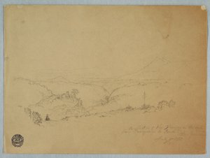 Piirros, Muistelu maisemista tiellä Fusugasugasta Pandiin, New Granda, Kolumbia, 11. heinäkuuta 1853. tekijältä Frederic Edwin Church