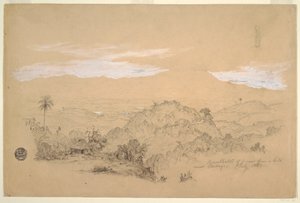 Piirros, Muistoja näkymästä kukkulalta lähellä Cartagoa, Kolumbia, jossa nainen kantaa vesipurkkia päässään, heinäkuu 1853. tekijältä Frederic Edwin Church