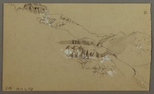 Piirros, Oikea osa luonnosta El Jemenin laaksosta, Arabia: Kaukaisnäkymä, 20. helmikuuta 1868 tekijältä Frederic Edwin Church