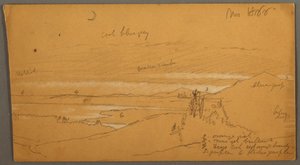 Piirros, Joki läpi vuoristolaakson, taivas ja kuunsirppi, marraskuu 1866. tekijältä Frederic Edwin Church