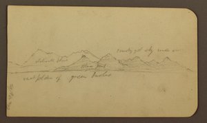 Piirros, karu vuori tasangon poikki; kääntöpuoli: hahmoja, maisema, 12. joulukuuta 1884. tekijältä Frederic Edwin Church