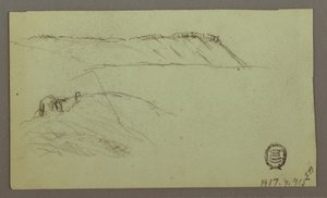 Piirustus, Muurien ympäröimät rauniot, telttoja, kaksi hahmotutkimusta, 28. huhtikuuta 1868. tekijältä Frederic Edwin Church