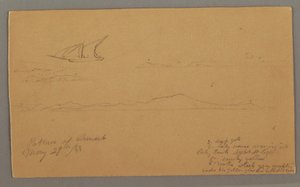 Piirros, purjelaiva, vuoristoista rannikkoa, saaret, 29. toukokuuta 1868. tekijältä Frederic Edwin Church