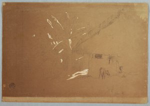 Piirros, Istuva nainen ja laiduntava aasi talon edessä lähellä Jorjea, Ecuador, 23. kesäkuuta 1857. tekijältä Frederic Edwin Church