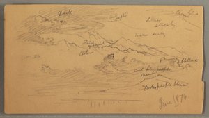 Piirros, Terävät vuorenhuiput, pilvinen taivas, kesäkuu 1874 tekijältä Frederic Edwin Church