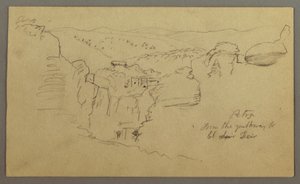 Piirustus, luonnos. Näkymä Khirbet en Wasaraan "Petra / El Deiriin johtavalta tieltä", mahdollisesti 1868, 26.2. tekijältä Frederic Edwin Church
