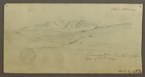 Piirros, ylhäiskoti, ratsastava hahmo, kameli, arkkitehtonisia opintoja, palmu, mahdollisesti 1868 tekijältä Frederic Edwin Church