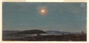 Piirros, Aurinko tai kuu nousee Porcupine-saarten yllä, Bar Harbor, n. 1860. tekijältä Frederic Edwin Church