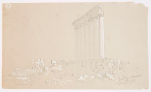 Piirros, Jupiterin temppeli auringonnousussa, Baalbek, 7. toukokuuta 1868. tekijältä Frederic Edwin Church