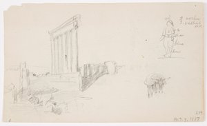 Piirros, Jupiterin temppeli auringonnousussa, Baalbek, 7. toukokuuta 1868. tekijältä Frederic Edwin Church
