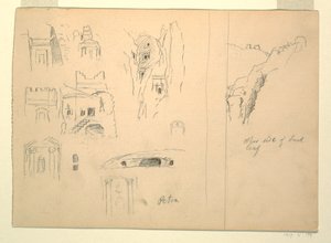 Piirustus, Kymmenen hautakammiotutkimusta ja näkymä kallioihin, Petra, Jordania, 26. helmikuuta 1868. tekijältä Frederic Edwin Church
