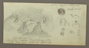 Piirros, Kaksi hahmoa ja kaksi kamelia nuotion äärellä, Figure and Camel Studies, mahdollisesti 1868. tekijältä Frederic Edwin Church