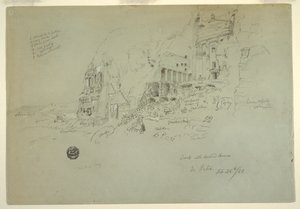 Piirros, uurnahauta, silkkihauta ja korinttilainen hauta, Petra, 26. helmikuuta 1868. tekijältä Frederic Edwin Church
