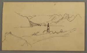 Piirros, laakso, kirkko, St. Gilgen Itävalta, mahdollisesti 1868 tekijältä Frederic Edwin Church