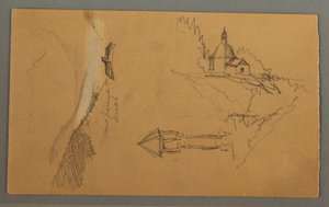Piirros, laakso, torni, kirkko, mahdollisesti 1868 tekijältä Frederic Edwin Church
