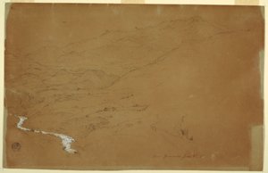 Piirros, laakso, jossa on puro ja taloja, lähellä Guarandaa, Ecuador, 4. kesäkuuta 1857. tekijältä Frederic Edwin Church