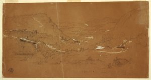 Piirros, laakso, jossa on silta ja taloja, lähellä Guarandaa, Ecuador, 5. kesäkuuta 1857. tekijältä Frederic Edwin Church