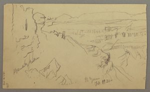 Piirros, Näkymä kukkuloiden ja tasangon yli kohti vuoria, El Jemenin laakso, helmikuu 1868. tekijältä Frederic Edwin Church