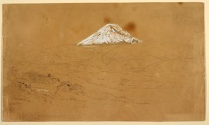 Piirros, Näkymä lumipeitteisestä Chimborazo-vuoresta Guanojon ja Guarandan lähellä, Ecuador, 12. kesäkuuta 1857. tekijältä Frederic Edwin Church