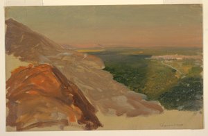 Piirros, Näkymä Damaskoksen tasangolle, Syyria, vuorilta, toukokuu 1868. tekijältä Frederic Edwin Church