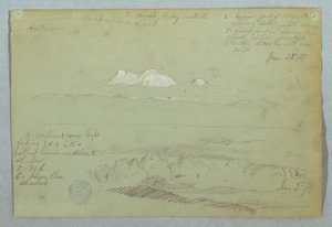 Piirros, Näkymiä Artisana-tulivuorelle Quitosta tai sen läheltä ja pilvinen taivas vuoristoharjanteen yllä, Ecuador, 23. kesäkuuta 1857 tekijältä Frederic Edwin Church