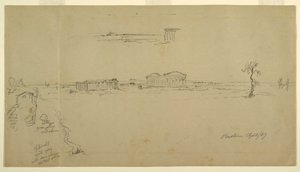 Piirros, Näkymiä Neptunuksen temppelistä ja basilikasta, Paestum, Italia, huhtikuu 1869. tekijältä Frederic Edwin Church