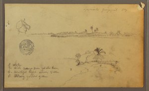 Piirros, Näkymiä Guayas-joen itärannalta, Guayaquilia vastapäätä, Ecuador, toukokuu 1857. tekijältä Frederic Edwin Church